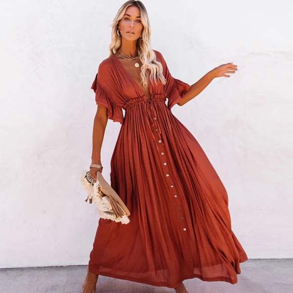 SOLD OUT Red Gauze Boho Button Maxi Dress - Picture 4 of 10